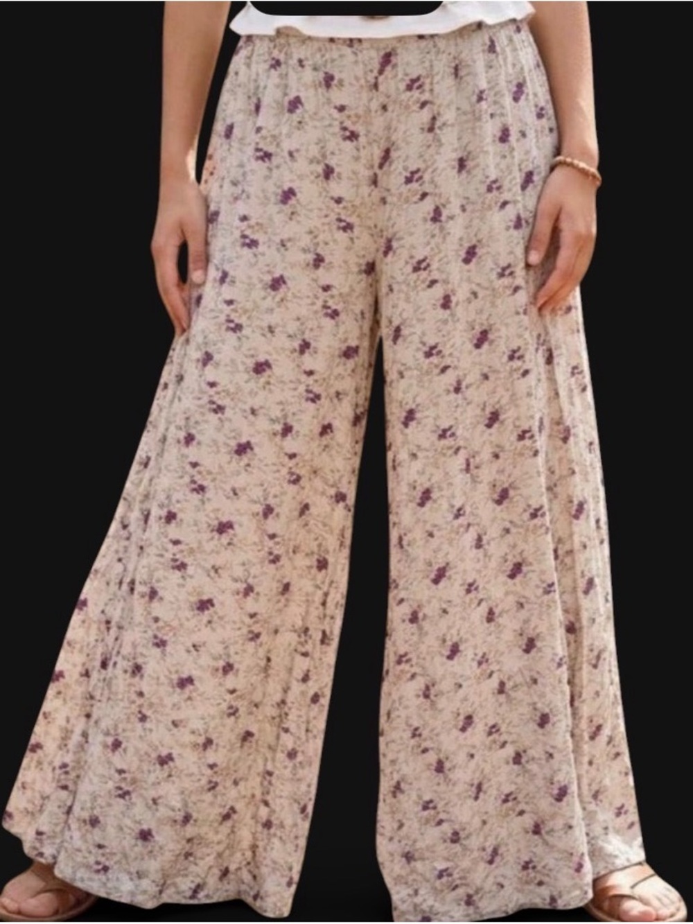 NATURAL LIFE Cream Wide-Leg Pants with Purple Floral Print NWT